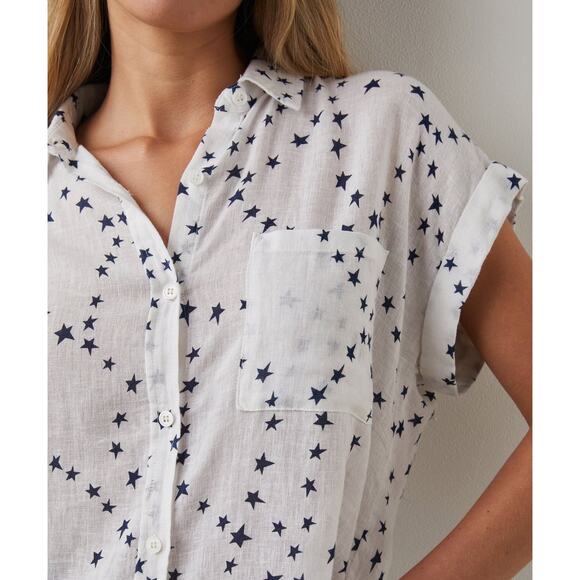 Rails Whitney short sleeve button down linen blend white navy star top XS - Picture 6 of 10